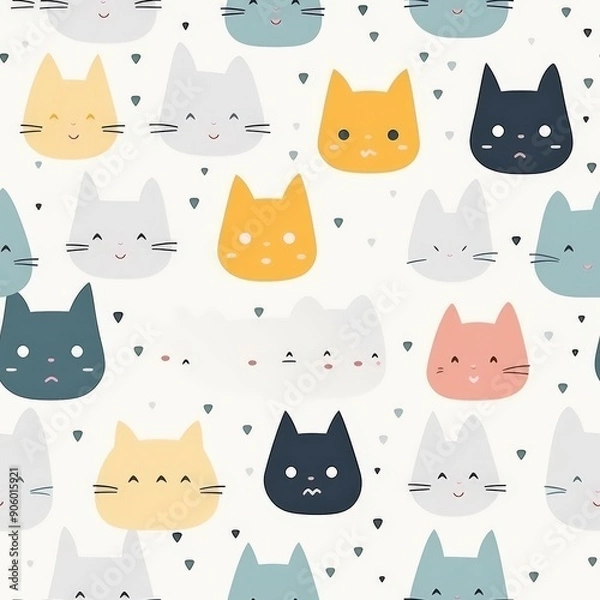 Fototapeta Seamless pattern with cute cat faces in various colors and emotions on a white background