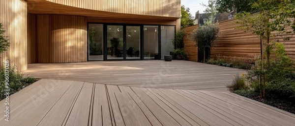 Fototapeta Exterior view of a back garden patio area featuring wood decking, ideal for outdoor living spaces.