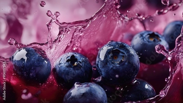 Fototapeta Fresh blueberries in motion with a splash of blueberry juice, capturing the vibrant color and dynamic movement