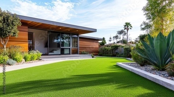 Fototapeta Modern Australian front yard with artificial grass lawn and timber edging, featuring a lush flower garden.