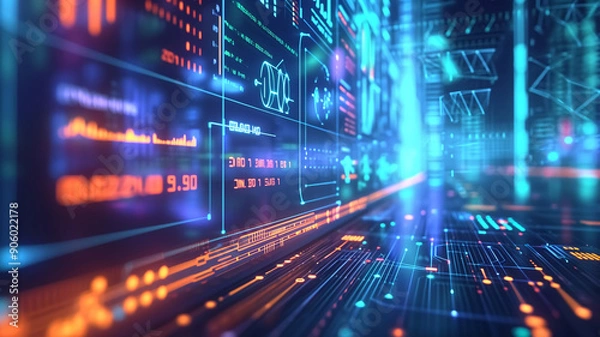 Obraz Futuristic Digital Interface with Data Visualization and High-Tech Elements in a Virtual Environment
