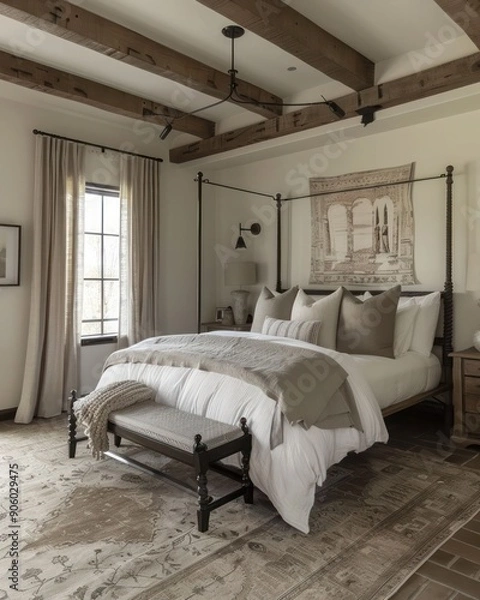 Obraz French Country Style Bedroom in Modern Farmhouse - Charming Interior Design with Rustic Elegance.