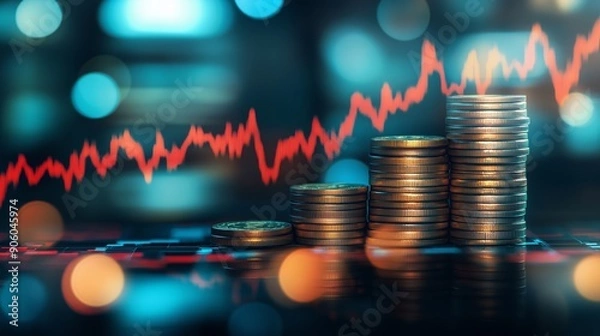 Fototapeta Businessman Drawing Upward Trending Graph with Coins and Financial Charts Symbolizing Business Growth and Market Trends. Hand Holding Pen Creating Curve, Emphasizing Wealth and Investment Success