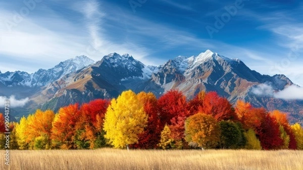 Fototapeta A panoramic view of mountains covered in autumn foliage