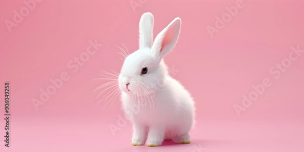 Fototapeta A pink bunny with black eyes sits in front of a white background.