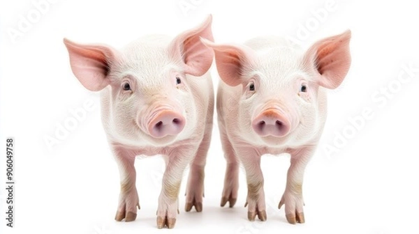 Fototapeta A pair of curious pigs standing side by side on a simple white background, displaying their playful nature and endearing features.