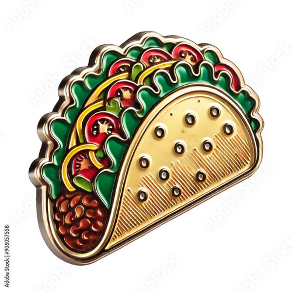 Fototapeta Taco Enamel Pin with Lettuce, Tomatoes, and Cheese, isolated on white background, PNG