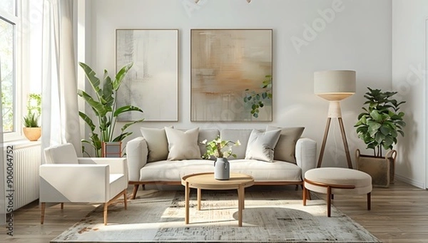 Fototapeta Bright Living Room Interior Design: Featuring Sofa, Armchair, and Wooden Floor