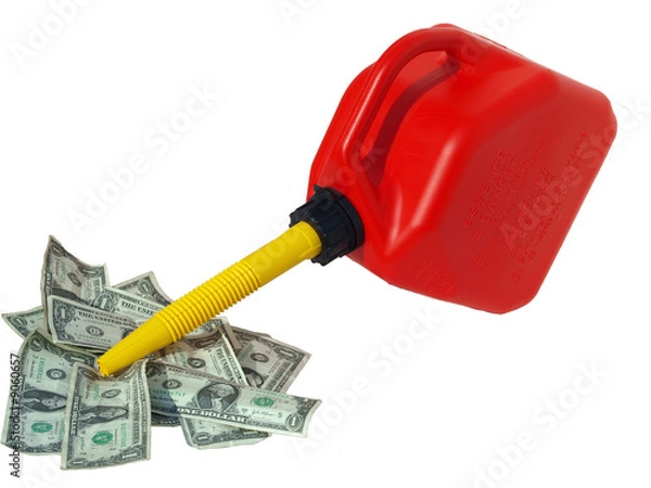 Fototapeta Red gas can pouring into money