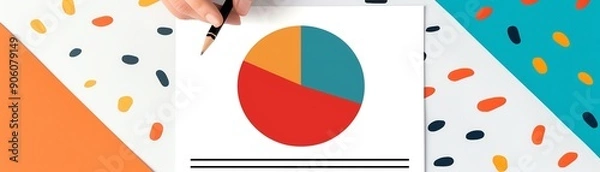 Fototapeta Colorful pie chart on trendy abstract background, representing data analytics and statistics with modern design elements.