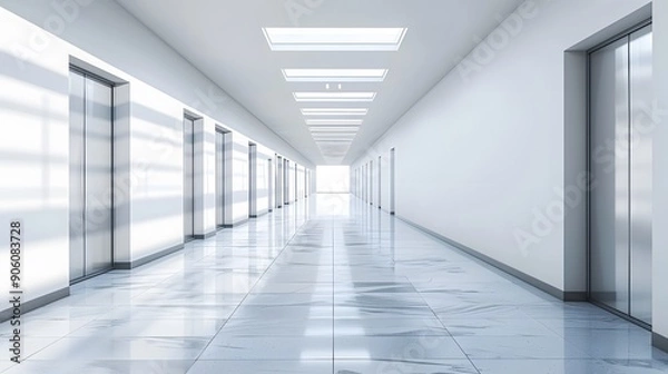 Fototapeta 3D room light abstract space technology tunnel stage floor modern and sleek white corridor designed with minimalist style and led lighting,generative ai
