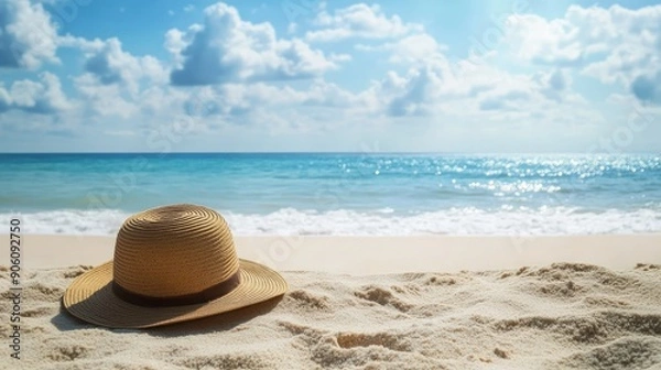 Obraz Sunny day with a beach hat and ample space for promotional text