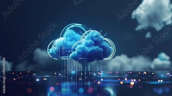 Fototapeta Cloud and Server Concept Background: Cloud Computing, Cloud Services, Cloud Servers, Big Data Centers, Servers, Information Digitalization, SAAS, Online Services.