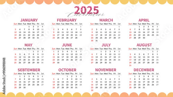 Fototapeta Annual calendar template for 2025 year. Week Starts on Sunday. Business calendar in a minimalist style for 2025 year.