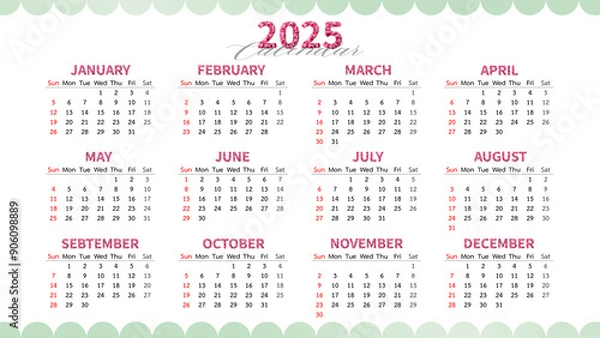 Fototapeta Annual calendar template for 2025 year. Week Starts on Sunday. Business calendar in a minimalist style for 2025 year.