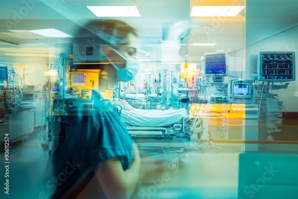 Fototapeta reflection of a nurse wearing a mask on the glass of the intensive care unit of emergency room, the life saving equipment is visible with a patient bad, very natural image of daily busy hospital life