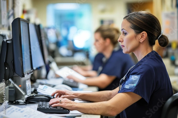 Fototapeta busy hospital admin workers doing administrative jobs,  researchers working in laboratory pathology centers modern hospitals smiling discussing enjoying having fun at the hospital and