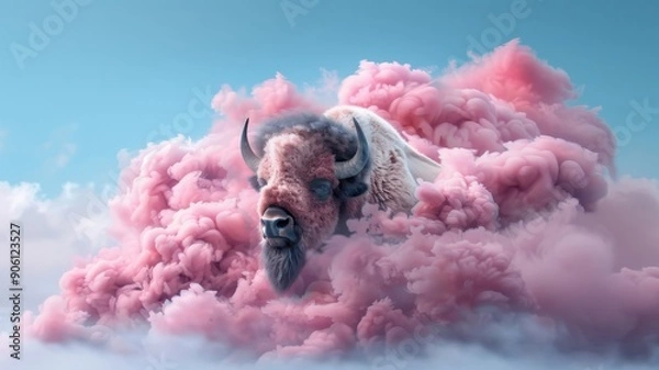 Obraz Dramatic scene of bison in luminous outfits emerging from smoke.