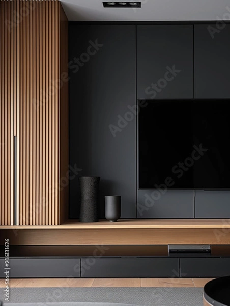 Fototapeta Modern minimalist living room with  wooden slats on the wall
