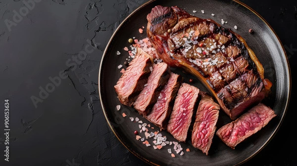 Obraz A plate of steak with salt and pepper on it. The steak is cut into slices and is sitting on a black plate