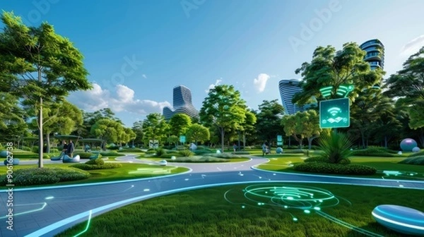 Fototapeta Futuristic urban park with holographic guides and IoT-connected environmental controls, highlighting the integration of advanced technology in public spaces, with copy space for text