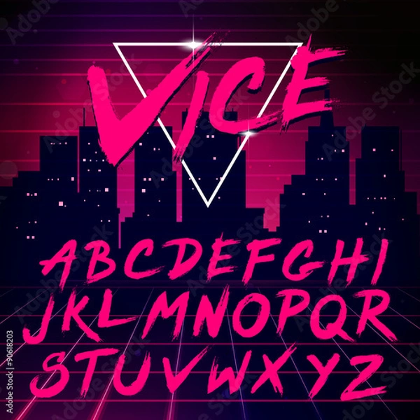Fototapeta 80s Retro Futurism style Font. Vector Brush Stroke Alphabet