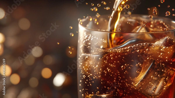 Obraz 3D rendering of soda pouring into a glass, with a dark brown background, in the style of product photography.