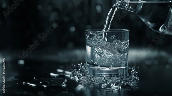 Obraz A glass of water being poured from an elegant bottle, rendered in the style of cinema4d, with a monochromatic color scheme and dark background, like product photography