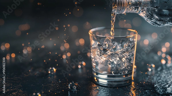 Obraz A glass of water being poured from an elegant bottle, rendered in the style of cinema4d, with a monochromatic color scheme and dark background