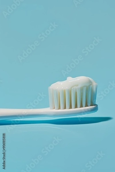 Fototapeta Close-up of a toothbrush with toothpaste on a pastel blue background, perfect for oral care and hygiene product promotions Generative AI