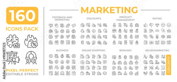 Fototapeta Digital marketing line icons set collection. Online shopping discounts. Business product management mega pack of linear pictograms, pixel perfect. Isolated vector illustrations. Editable stroke