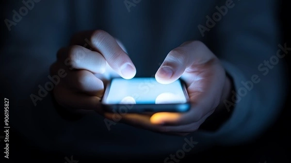 Fototapeta Illuminated Phone Interaction, a person focused on their smartphone screen in a dimly lit environment, fingers poised for navigation, capturing digital engagement moments.