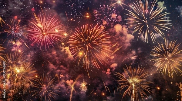 Fototapeta Luxurious fireworks display with colorful stars in the sky at special events like New Year s Eve or Independence Day celebration in the night sky