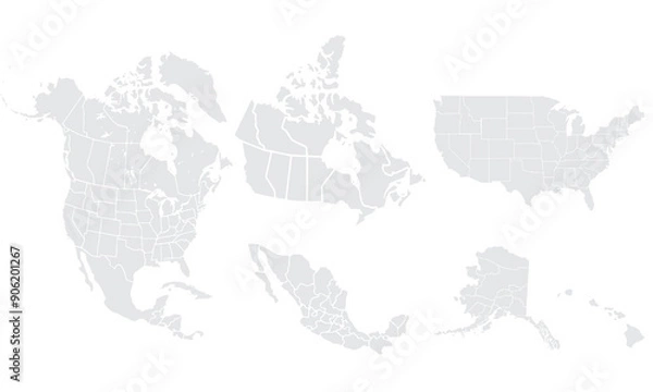 Fototapeta North America map templates. USA, Canada and Mexico map Grayscale,isolated on white background for website layouts,background,education, precise,customizable,Travel worldwide,map silhouette backdrop.