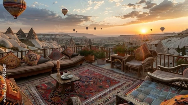 Obraz Explore the stunning Goreme, Turkey. Stay at a charming hotel with a colorful terrace adorned with carpets. Witness the magical sunrise over Kapadokya with hot air balloons soaring above.