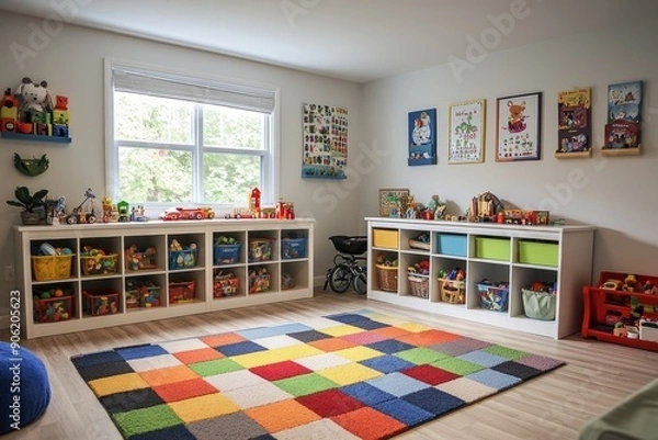 Fototapeta Neatly Organized Children's Playroom with Colorful Rug and Ample Storage Space