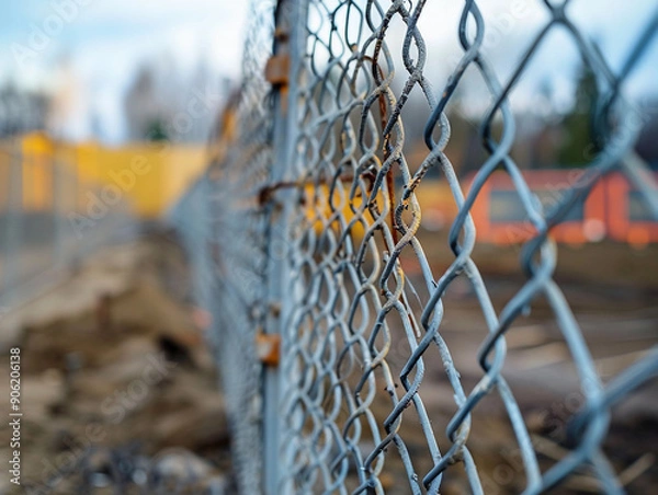 Fototapeta Construction Site Being Prepared With Chain-Link Fence Under Cloudy Sky in Late Afternoon