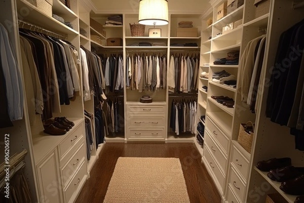 Fototapeta Stylishly Organized Walk-in Closet Displaying Neat Clothing and Shoes with Ample Storage Space