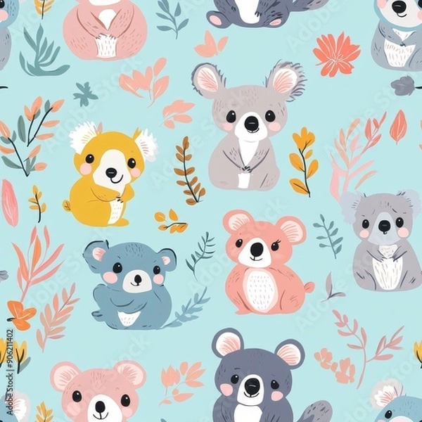 Fototapeta A charming pattern of cute Australian animals such as koalas, kangaroos, and wombats, illustrated in pastel colors, ideal for creating playful and unique designs