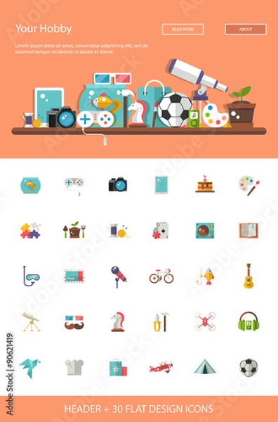 Fototapeta Header with modern flat design hobby icons and infographics elem