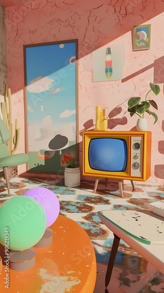 Fototapeta Colorful retro living room with a vintage TV and abstract art on the wall.