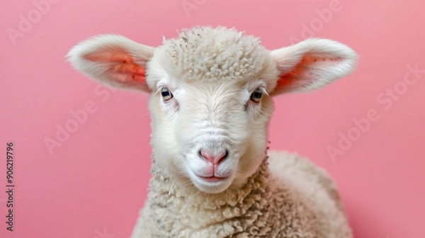Fototapeta A cute sheep with fluffy fur is set against a soft pastel pink background. The close-up highlights the sheep’s adorable features and the texture of its wool.