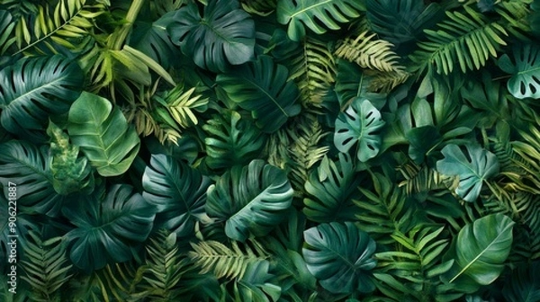 Fototapeta A lush green jungle with many leaves and vines