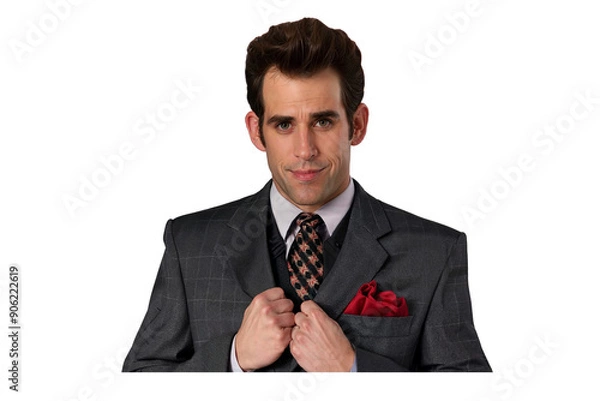 Fototapeta A confident man with shoulder-length brown hair wearing a grey suit and patterned tie, adjusting his jacket