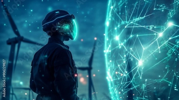 Fototapeta A man in a suit stands in front of a large sphere of blue lights