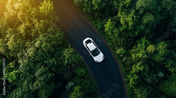 Fototapeta A white car is driving down a winding road through a forest
