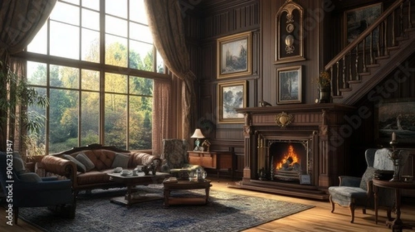 Fototapeta A large living room with a fireplace and a view of the outdoors