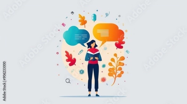 Fototapeta Review, Estimation, Justification, person reviewing documents, estimating values, justifying with speech bubble, flat design illustration