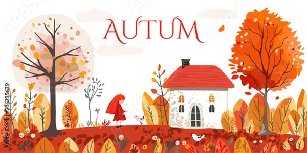 Fototapeta Autumn folk card. Cute white house with a red roof. Girl and birds. Red orange trees, bushes and flowers. Leaf fall. Hand drawn. vector