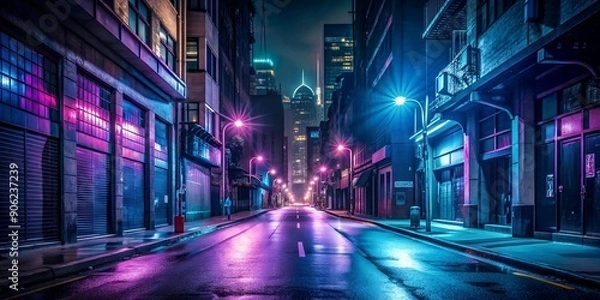 Fototapeta Empty dark street with neon lights in the background urban empty street night dark neon light city deserted Generative By AI